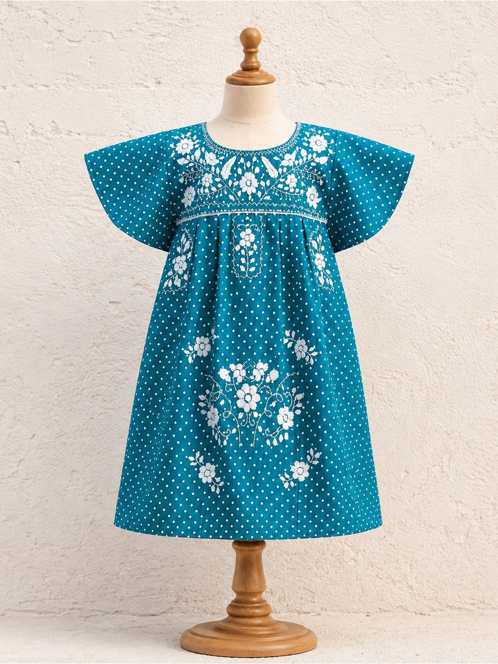 Girls' Teal Polka Dot Floral Hand Embroidered Dress